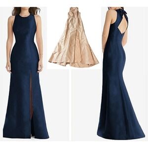 NWT Alfred Sung JEWEL NECK BOWED OPEN-BACK TRUMPET DRESS FRONT SLIT Pink 2R